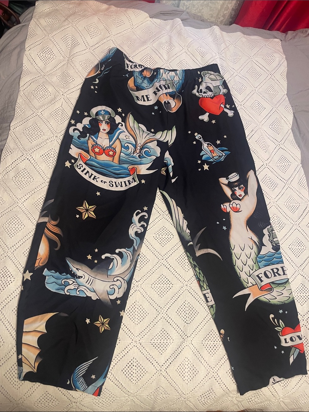Black Wide-Leg Nautical Tattoo-Print Pants